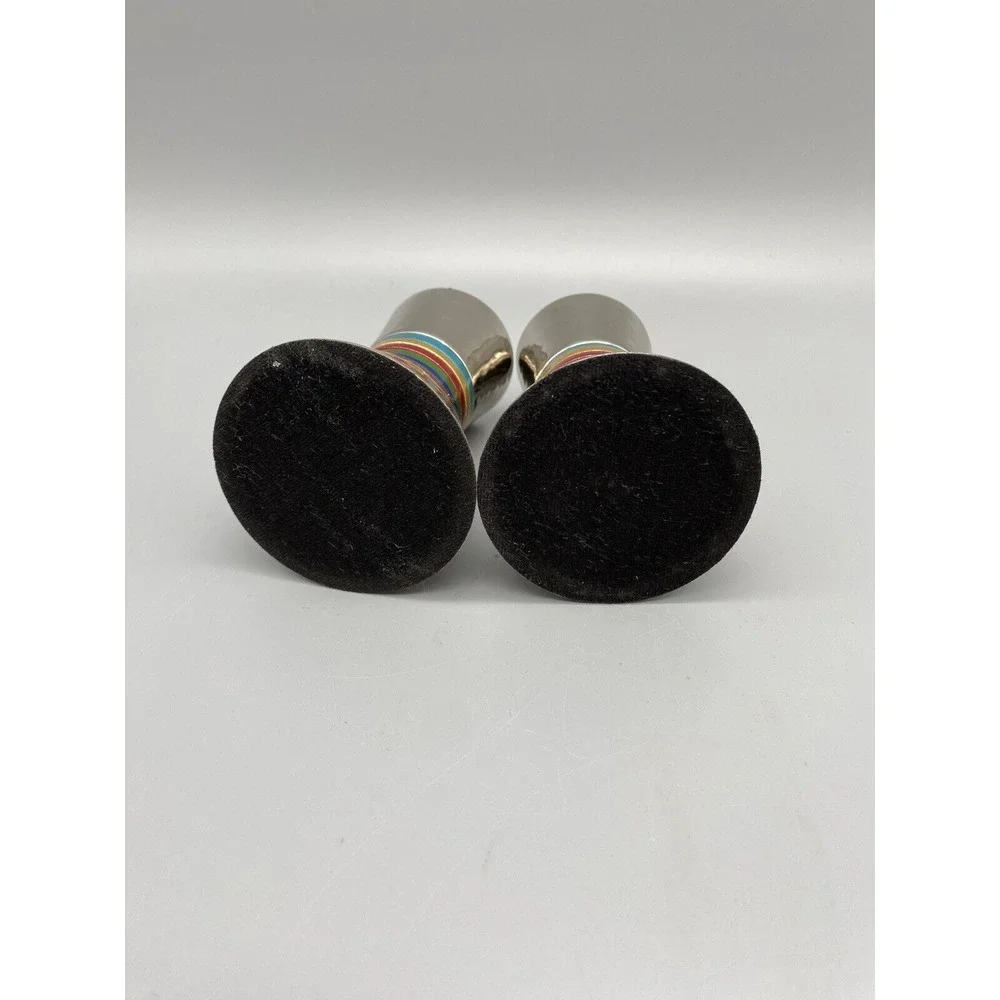 Candlesticks Hammered Metal Designed with Colored Rings | Judaica | Multicolo...